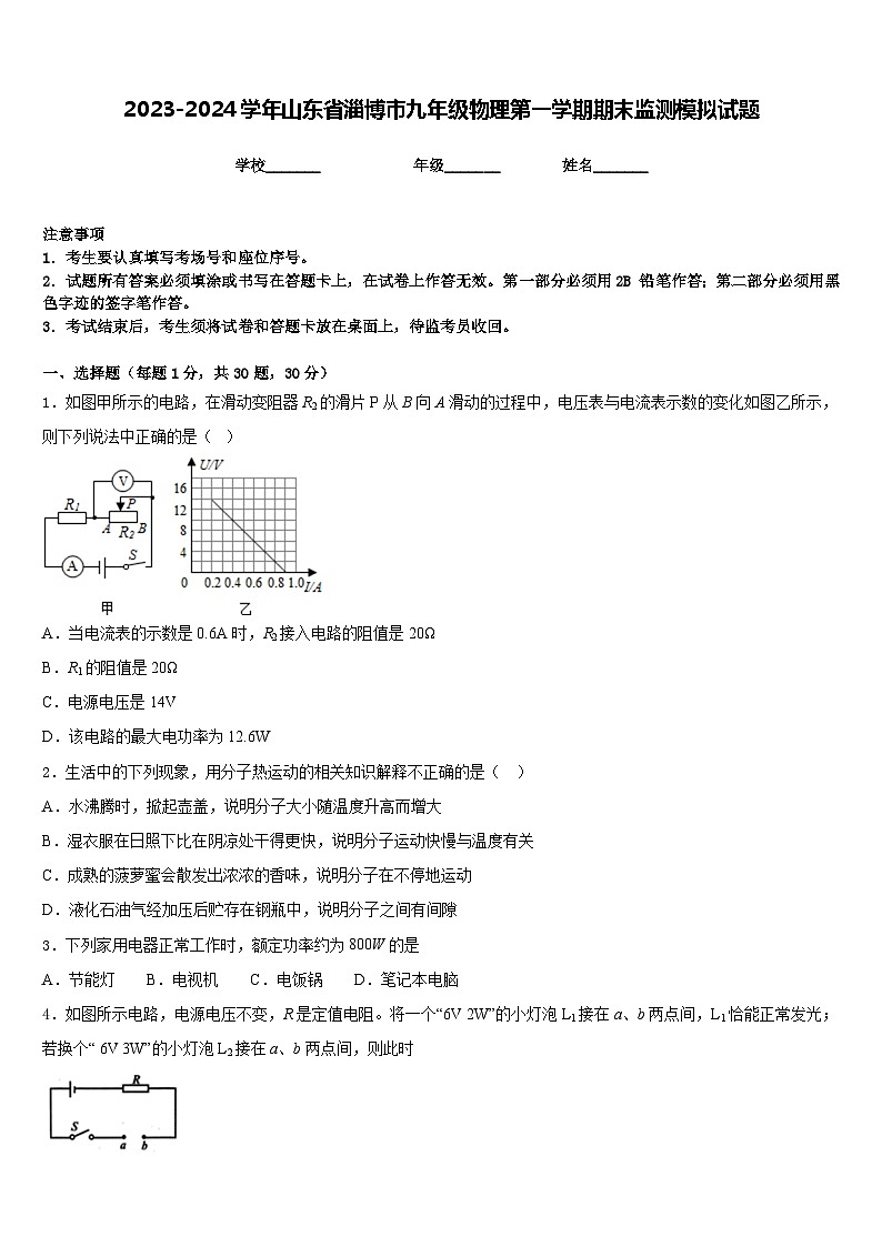 2023-2024学年山东省淄博市九年级物理第一学期期末监测模拟试题含答案第1页