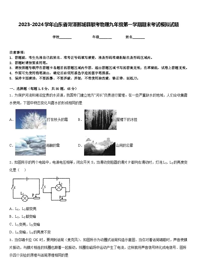 2023-2024学年山东省菏泽鄄城县联考物理九年级第一学期期末考试模拟试题含答案01
