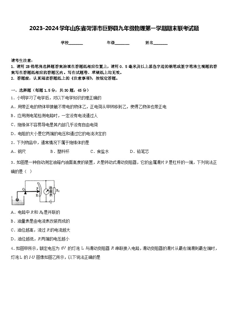 2023-2024学年山东省菏泽市巨野县九年级物理第一学期期末联考试题含答案第1页