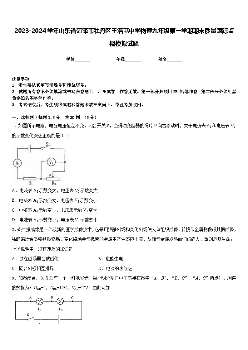 2023-2024学年山东省菏泽市牡丹区王浩屯中学物理九年级第一学期期末质量跟踪监视模拟试题含答案01
