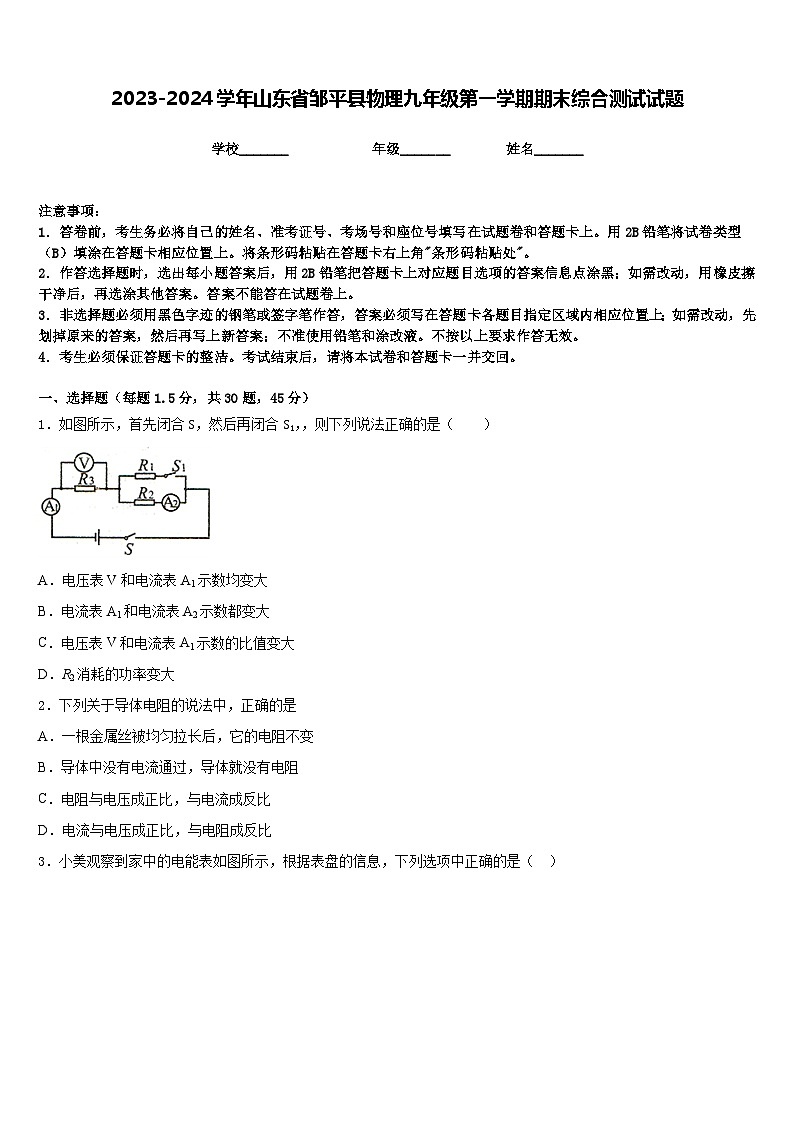 2023-2024学年山东省邹平县物理九年级第一学期期末综合测试试题含答案01