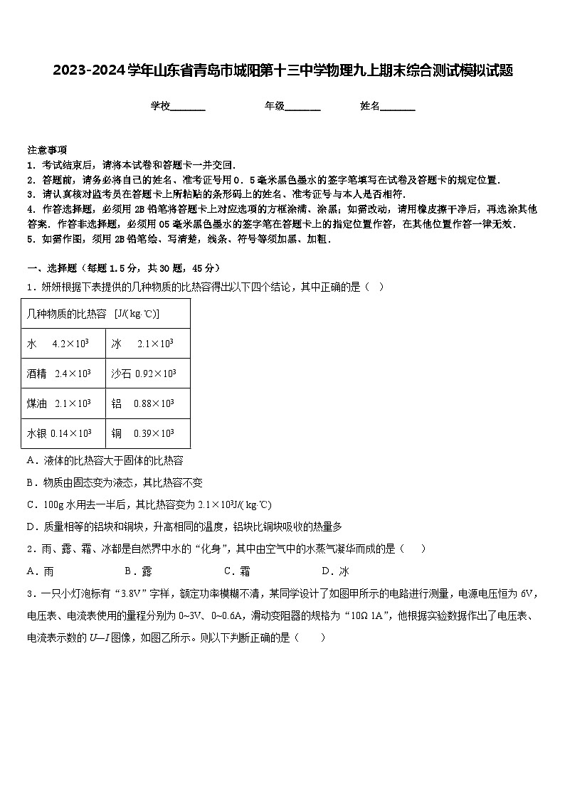 2023-2024学年山东省青岛市城阳第十三中学物理九上期末综合测试模拟试题含答案01