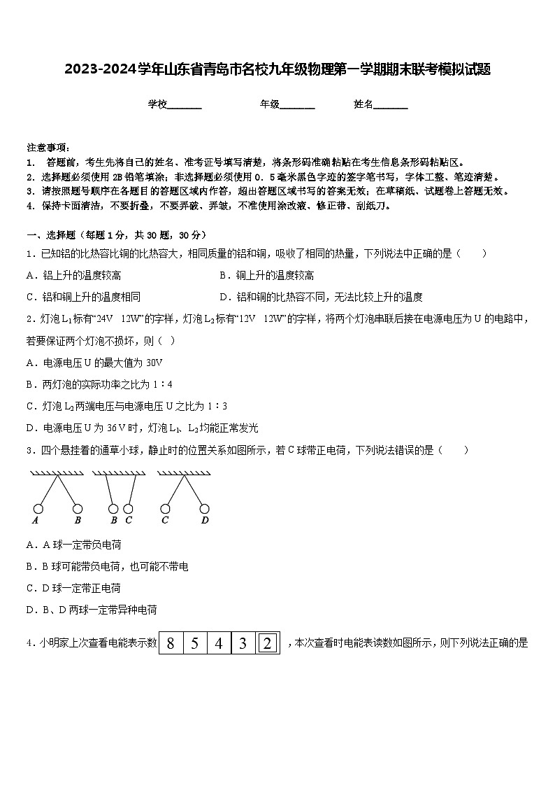 2023-2024学年山东省青岛市名校九年级物理第一学期期末联考模拟试题含答案01