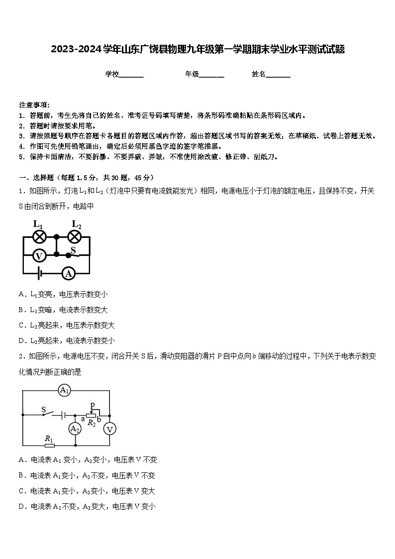 2023-2024学年山东广饶县物理九年级第一学期期末学业水平测试试题含答案第1页