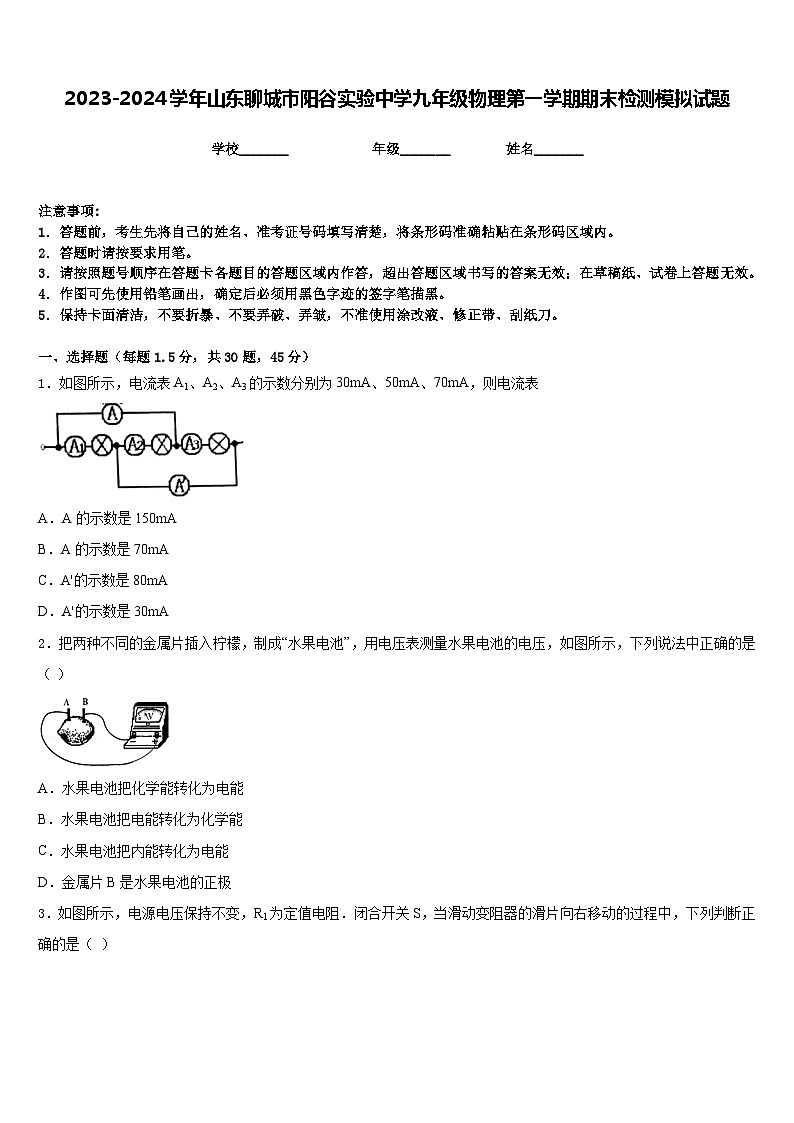 2023-2024学年山东聊城市阳谷实验中学九年级物理第一学期期末检测模拟试题含答案第1页