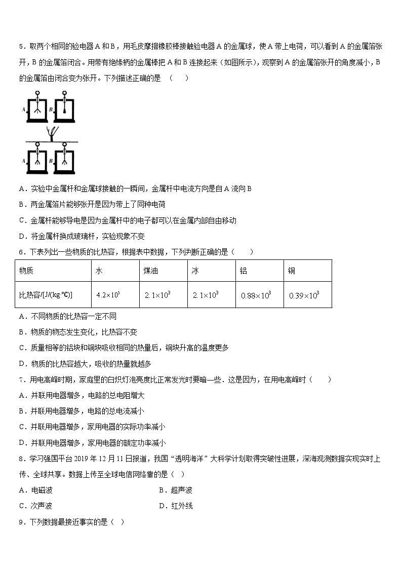 2023-2024学年山东省青岛市西海岸新区四中学物理九上期末学业质量监测模拟试题含答案02
