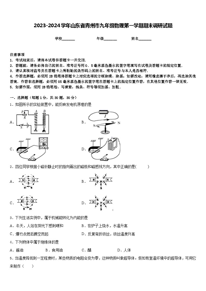2023-2024学年山东省青州市九年级物理第一学期期末调研试题含答案第1页