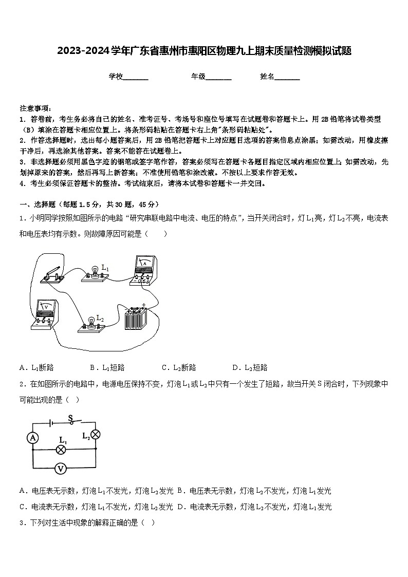 2023-2024学年广东省惠州市惠阳区物理九上期末质量检测模拟试题含答案01
