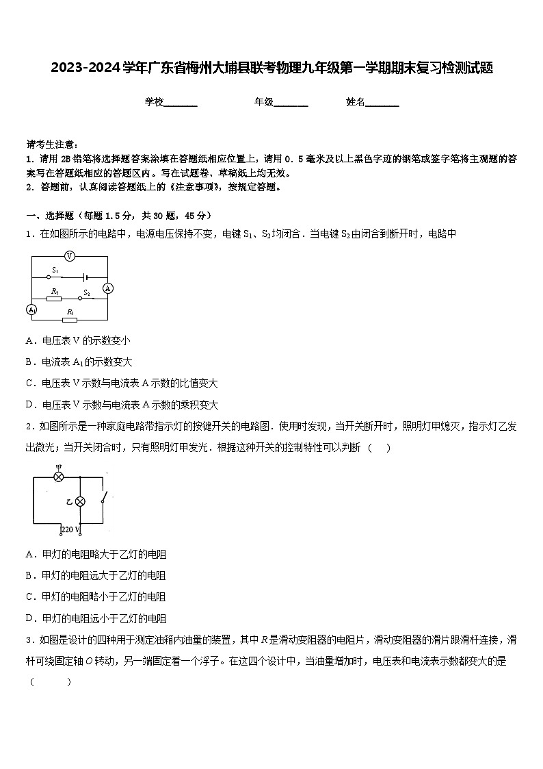 2023-2024学年广东省梅州大埔县联考物理九年级第一学期期末复习检测试题含答案第1页