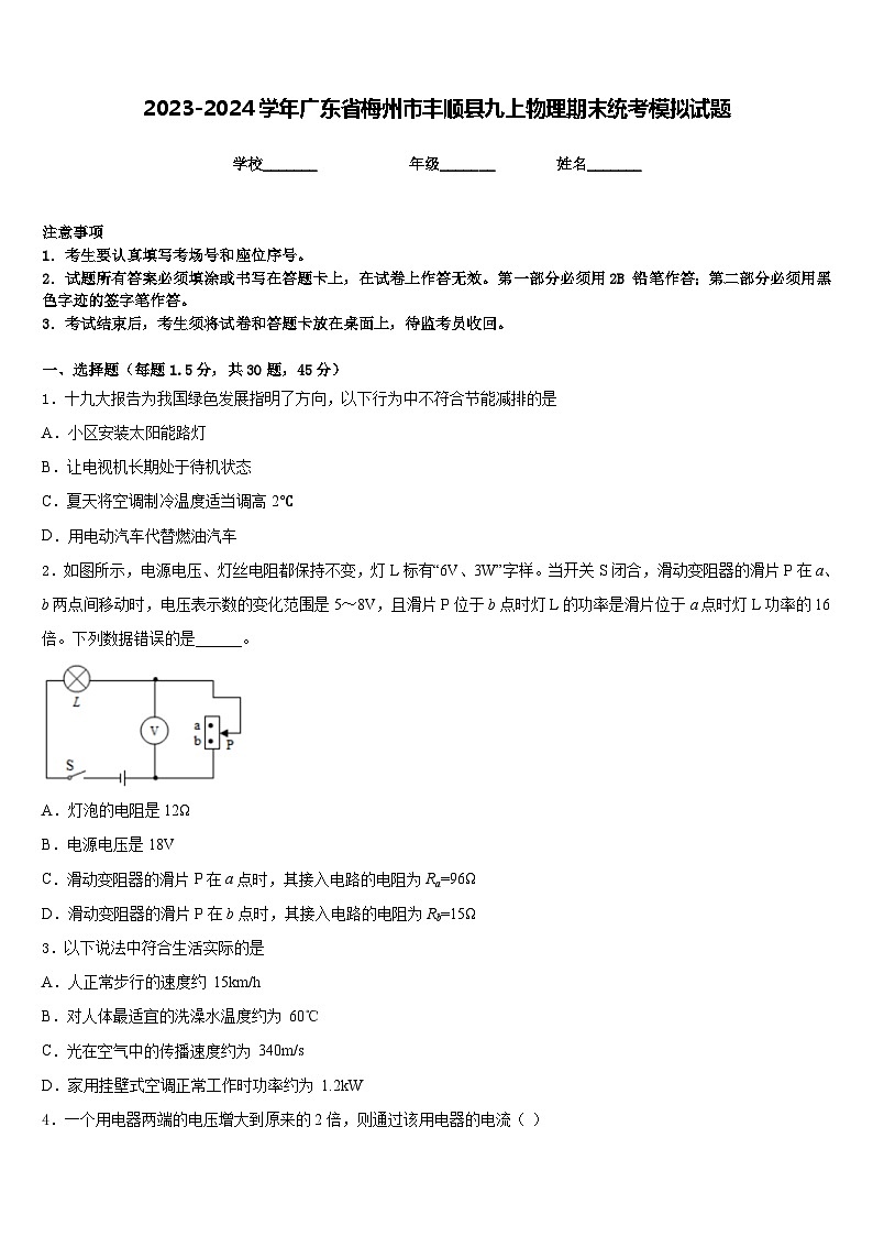 2023-2024学年广东省梅州市丰顺县九上物理期末统考模拟试题含答案01