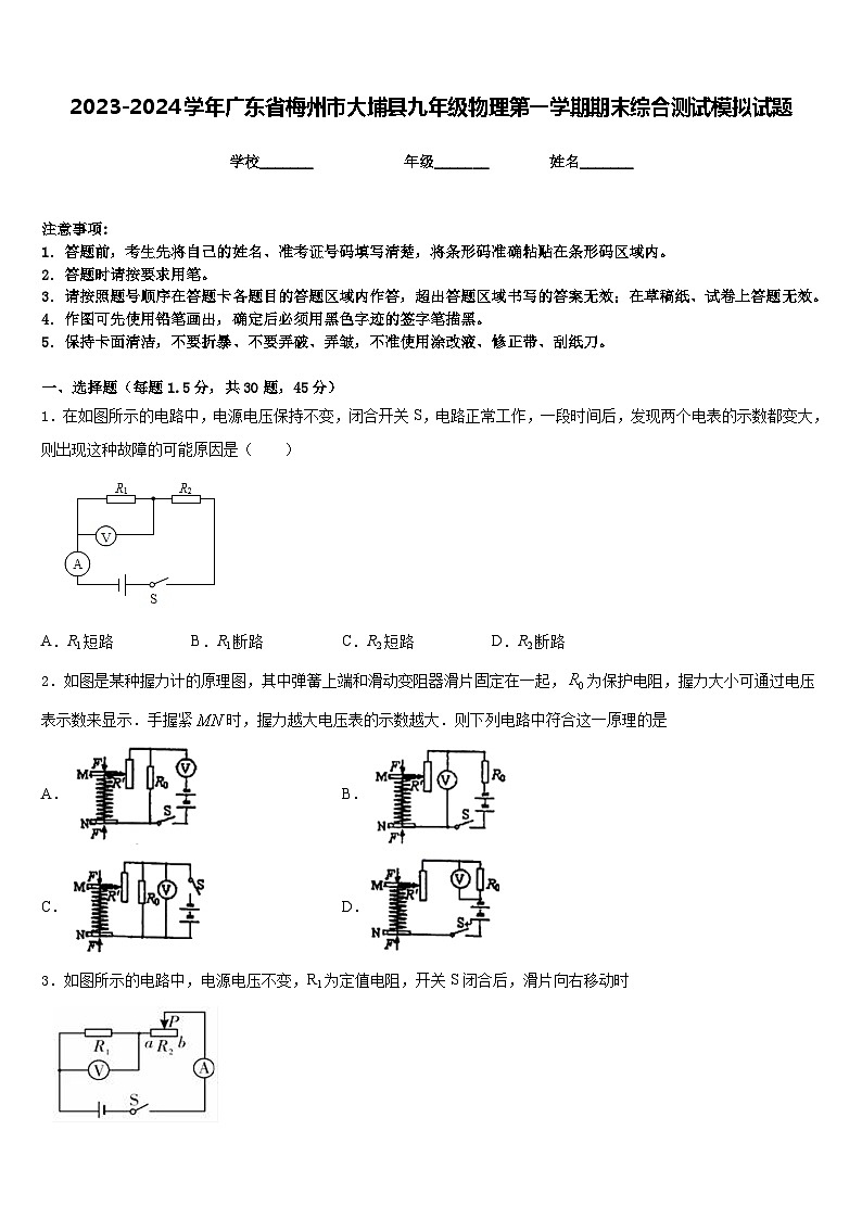 2023-2024学年广东省梅州市大埔县九年级物理第一学期期末综合测试模拟试题含答案第1页