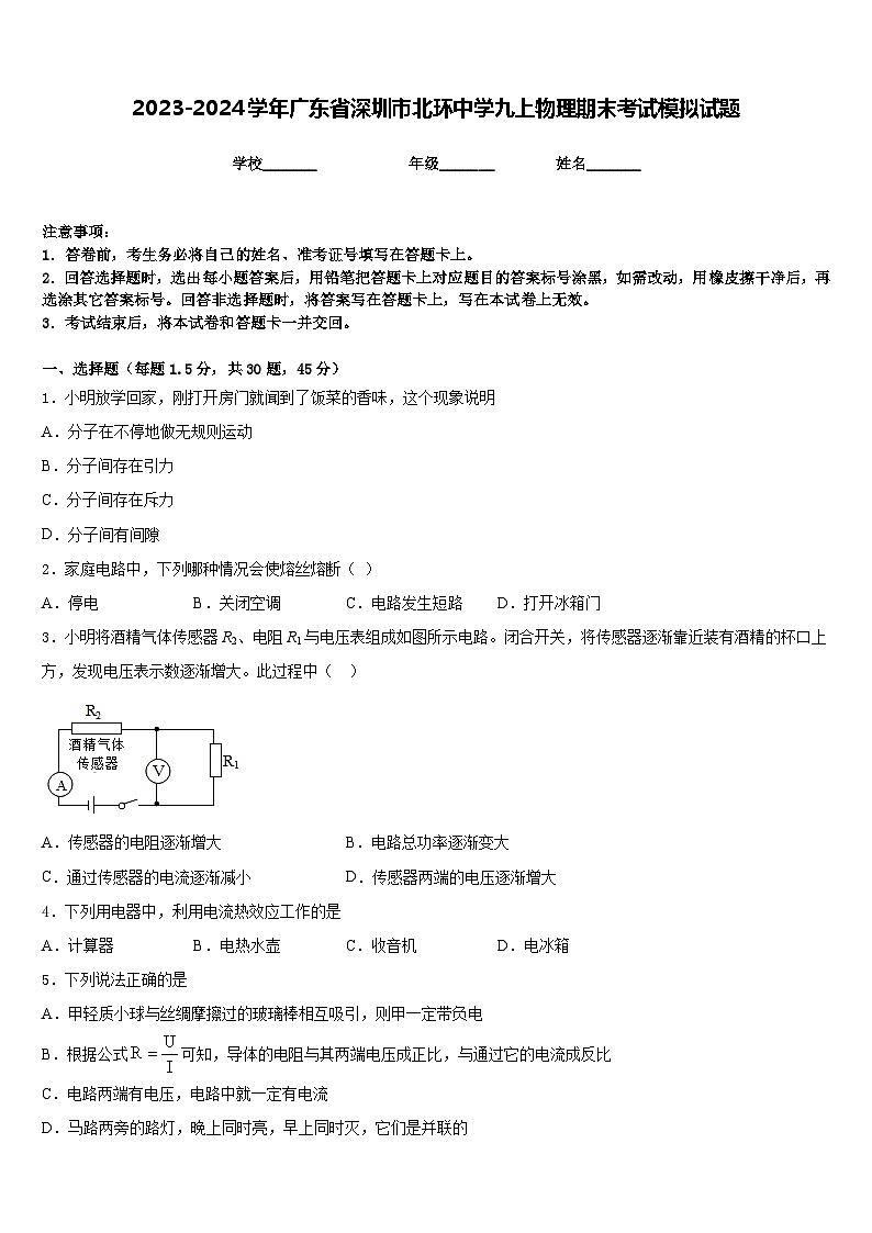2023-2024学年广东省深圳市北环中学九上物理期末考试模拟试题含答案01
