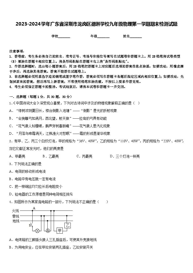 2023-2024学年广东省深圳市龙岗区德琳学校九年级物理第一学期期末检测试题含答案01