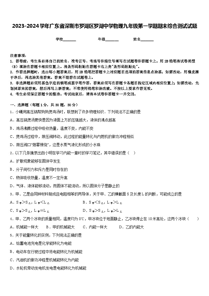 2023-2024学年广东省深圳市罗湖区罗湖中学物理九年级第一学期期末综合测试试题含答案01