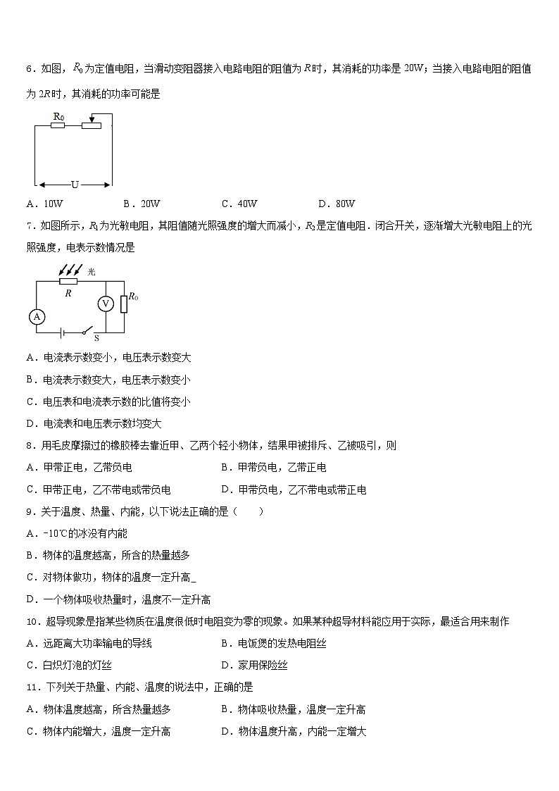 2023-2024学年广东省深圳市罗湖区罗湖中学物理九年级第一学期期末综合测试试题含答案02