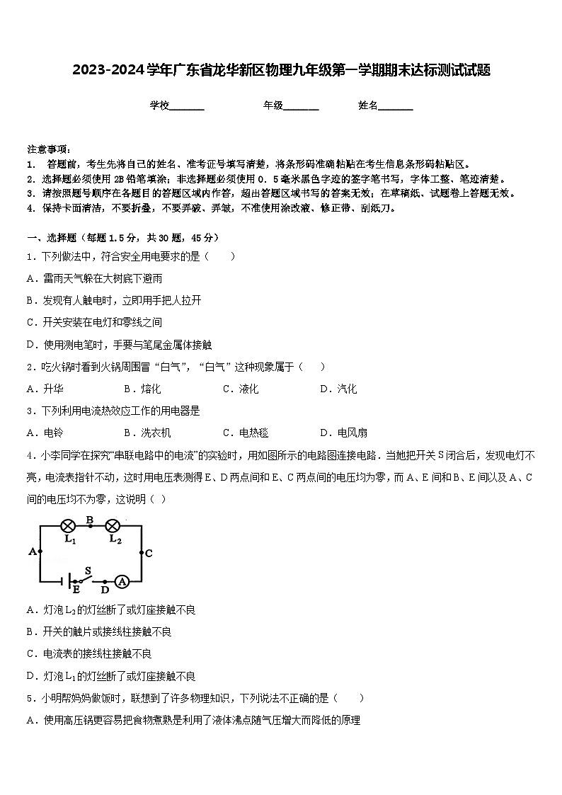 2023-2024学年广东省龙华新区物理九年级第一学期期末达标测试试题含答案第1页