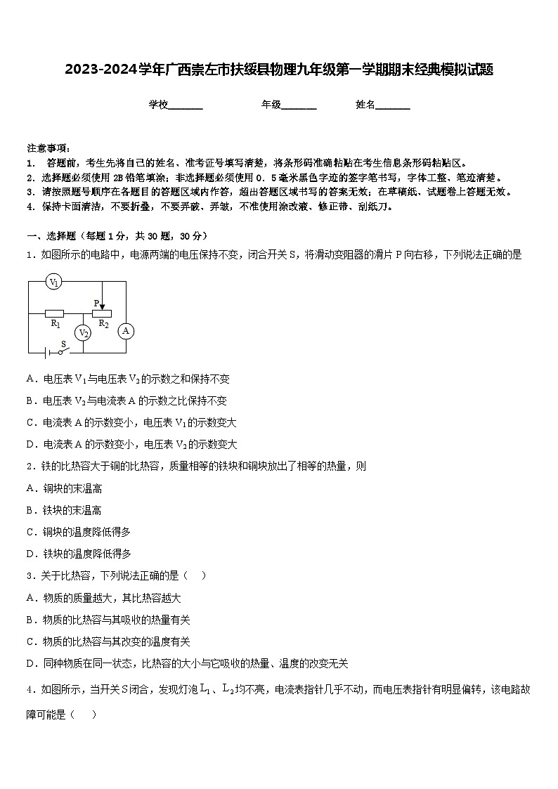 2023-2024学年广西崇左市扶绥县物理九年级第一学期期末经典模拟试题含答案第1页