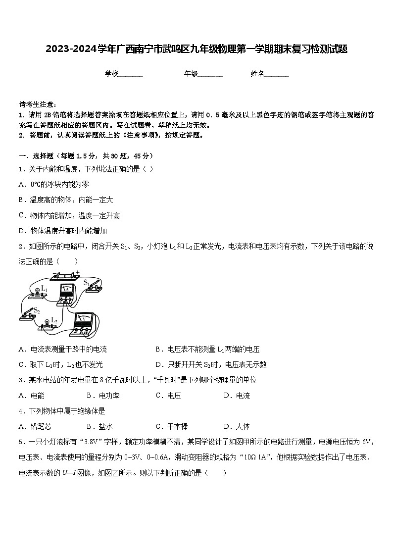 2023-2024学年广西南宁市武鸣区九年级物理第一学期期末复习检测试题含答案第1页