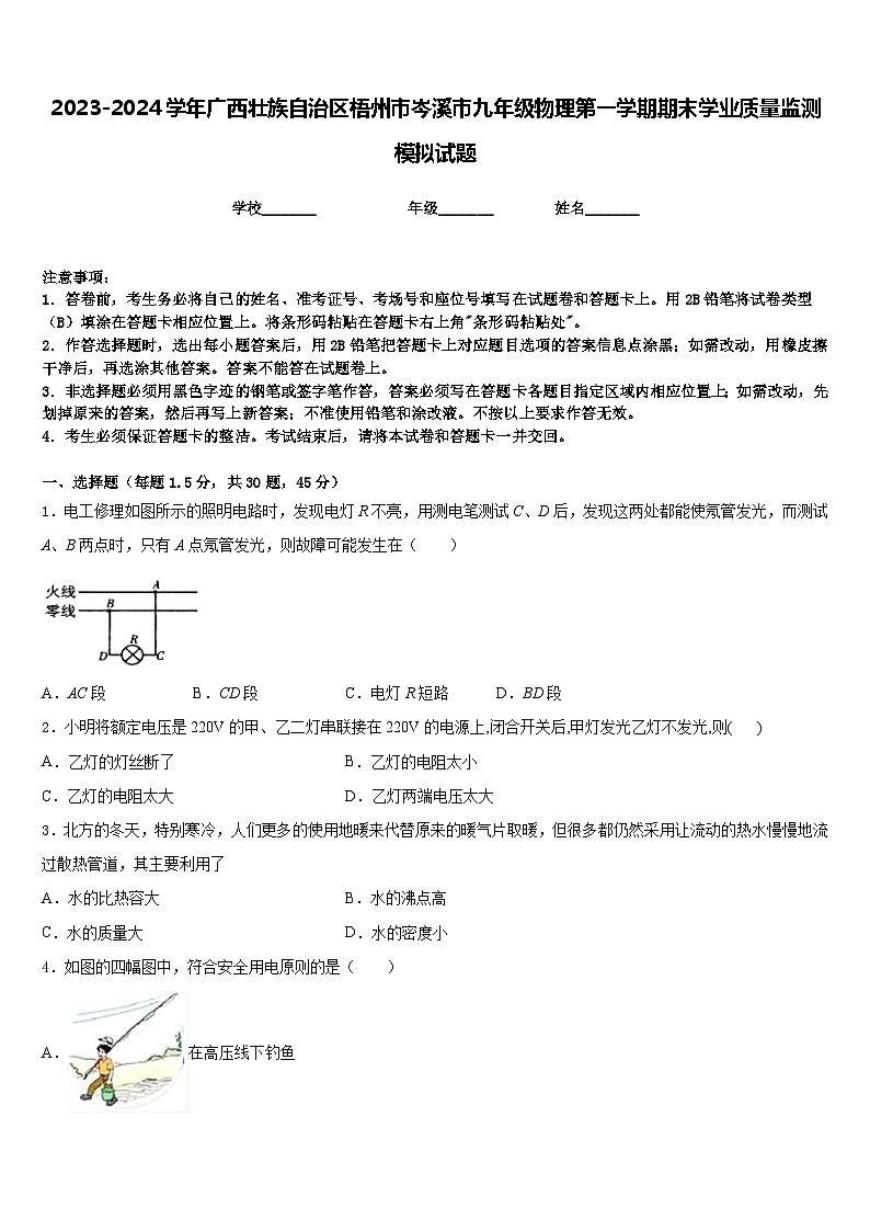2023-2024学年广西壮族自治区梧州市岑溪市九年级物理第一学期期末学业质量监测模拟试题含答案01
