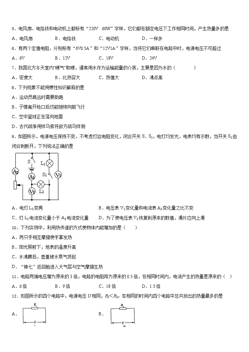 2023-2024学年广西贺州市物理九年级第一学期期末统考试题含答案02
