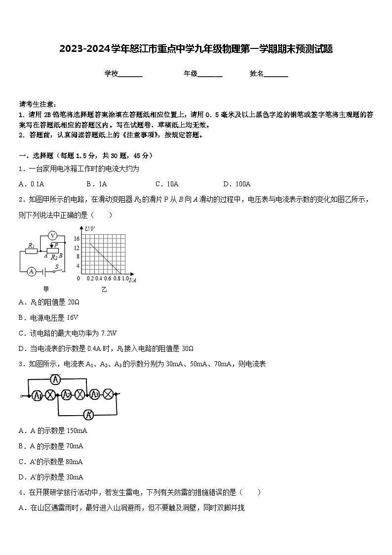 2023-2024学年怒江市重点中学九年级物理第一学期期末预测试题含答案第1页