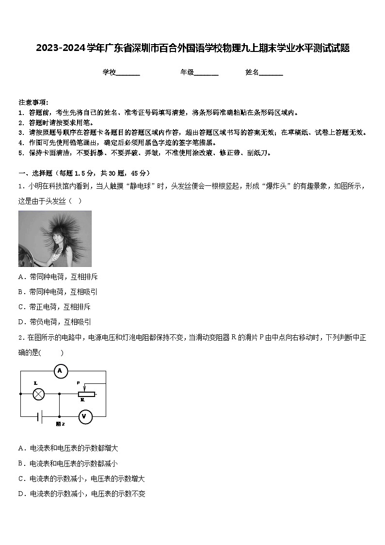 2023-2024学年广东省深圳市百合外国语学校物理九上期末学业水平测试试题含答案第1页