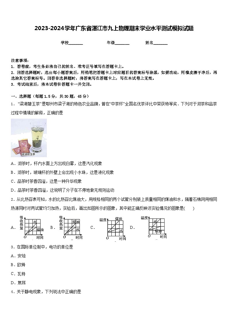 2023-2024学年广东省湛江市九上物理期末学业水平测试模拟试题含答案01