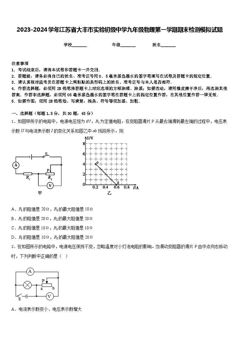 2023-2024学年江苏省大丰市实验初级中学九年级物理第一学期期末检测模拟试题含答案01