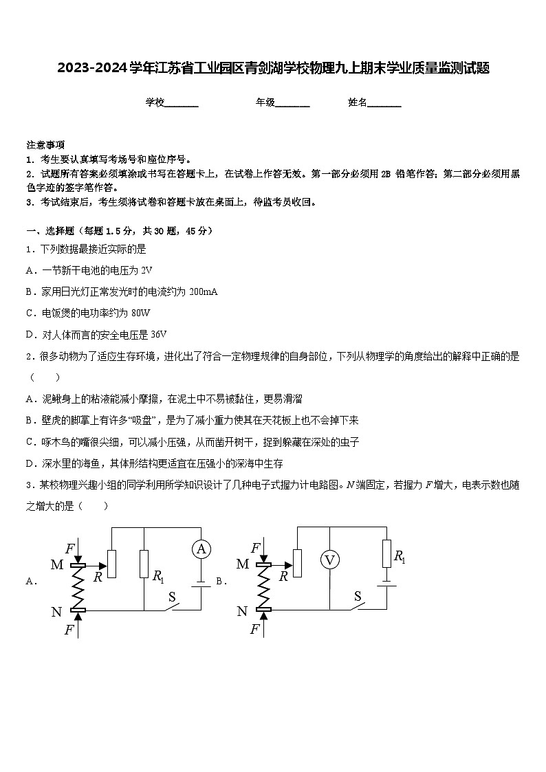 2023-2024学年江苏省工业园区青剑湖学校物理九上期末学业质量监测试题含答案01