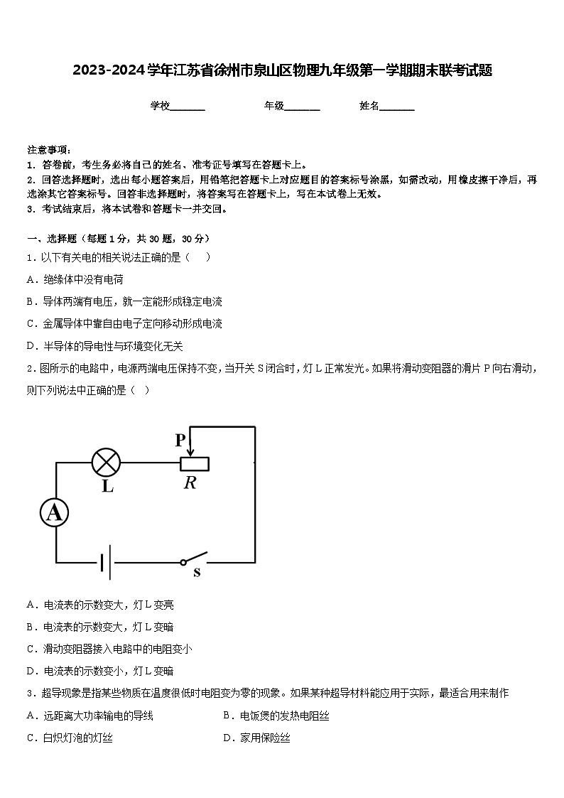 2023-2024学年江苏省徐州市泉山区物理九年级第一学期期末联考试题含答案第1页