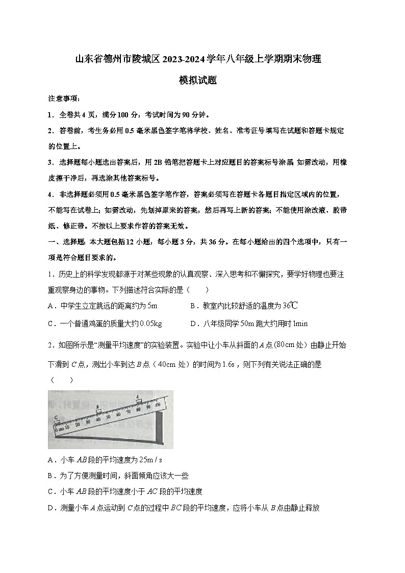 山东省德州市陵城区2023-2024学年八年级上册期末物理模拟试题（附答案）01