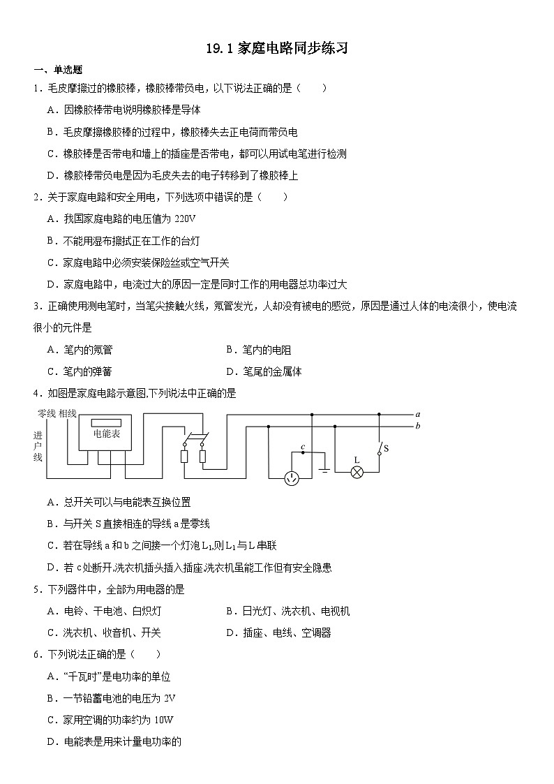 19.1家庭电路同步练习 物理人教版九年级全一册01