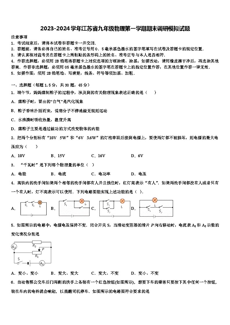 2023-2024学年江苏省九年级物理第一学期期末调研模拟试题01