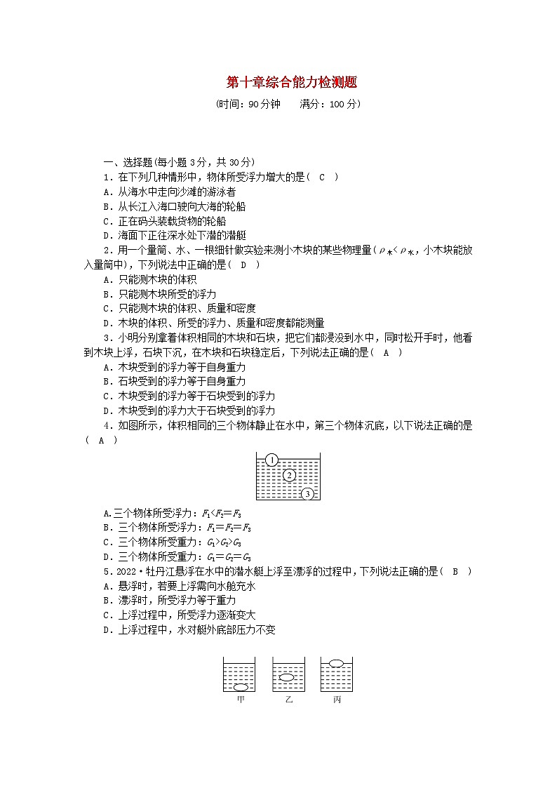 2024八年级物理下册第十章浮力综合能力检测题（附答案人教版）第1页