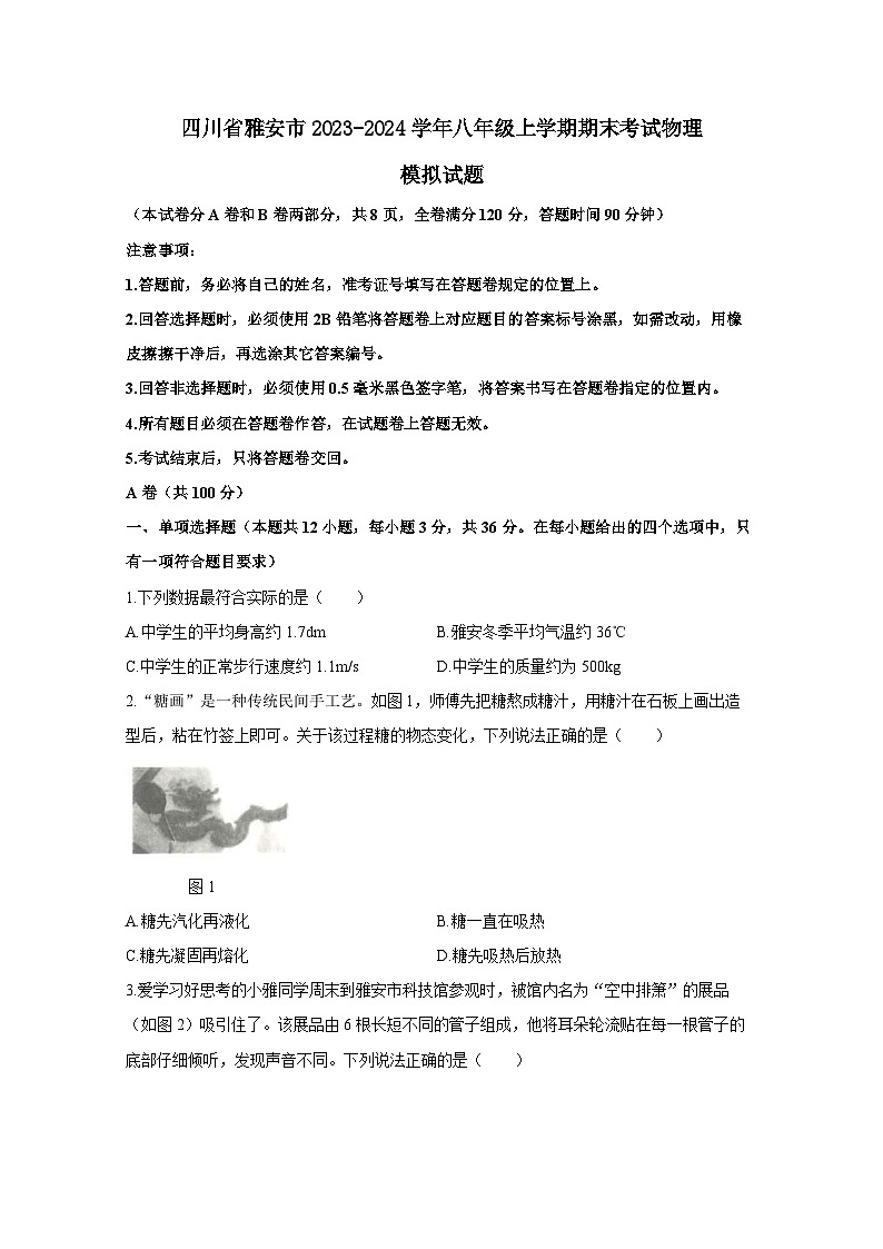 四川省雅安市2023-2024学年八年级上册期末考试物理模拟试题（附答案）第1页