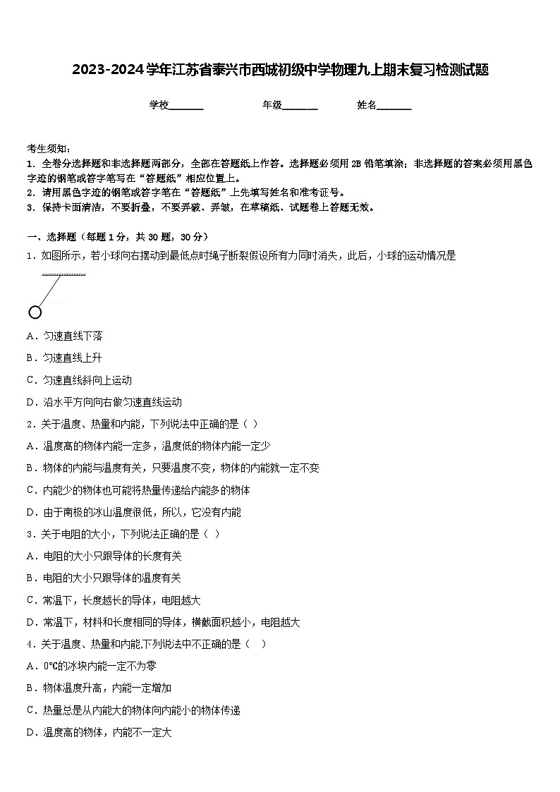 2023-2024学年江苏省泰兴市西城初级中学物理九上期末复习检测试题含答案第1页
