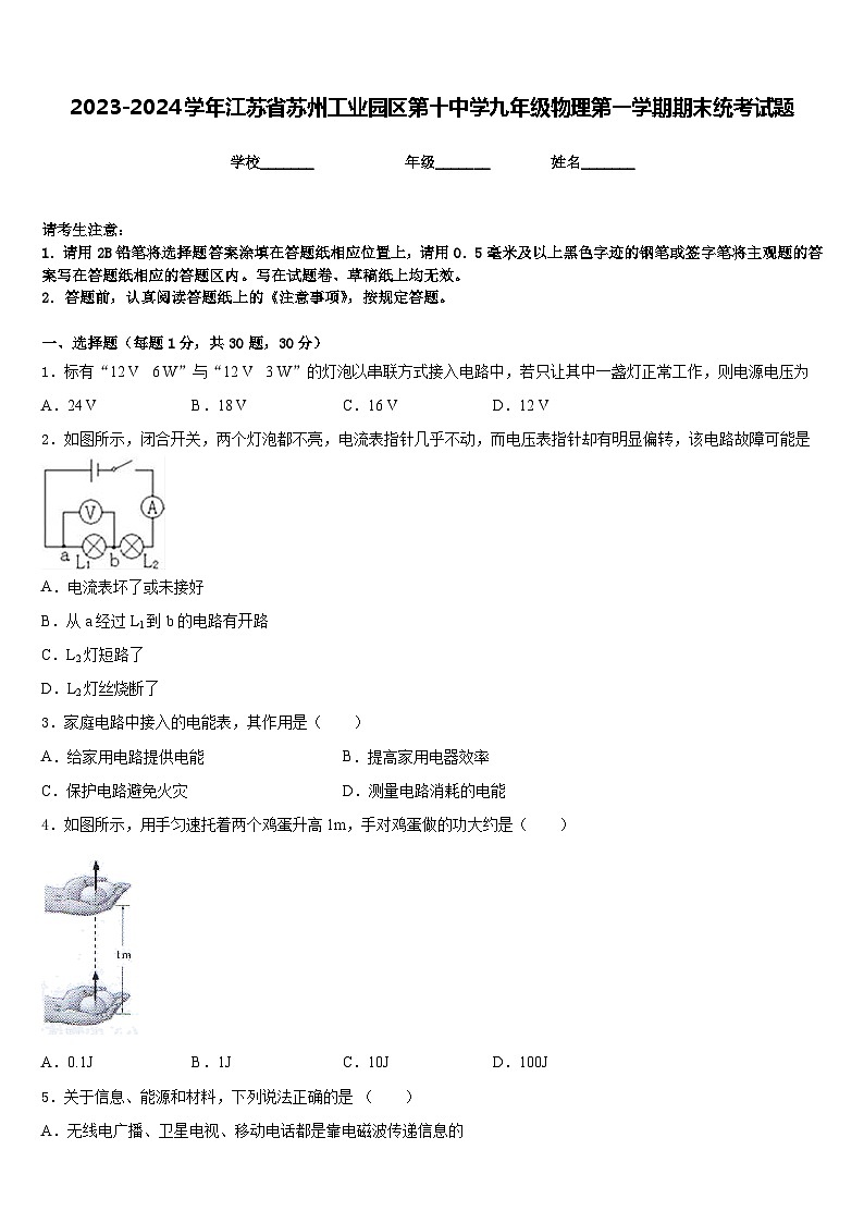 2023-2024学年江苏省苏州工业园区第十中学九年级物理第一学期期末统考试题含答案01