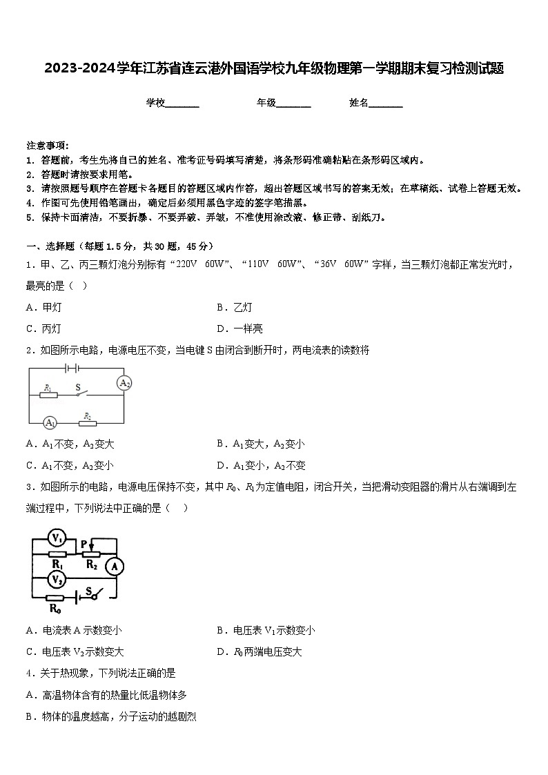 2023-2024学年江苏省连云港外国语学校九年级物理第一学期期末复习检测试题含答案第1页
