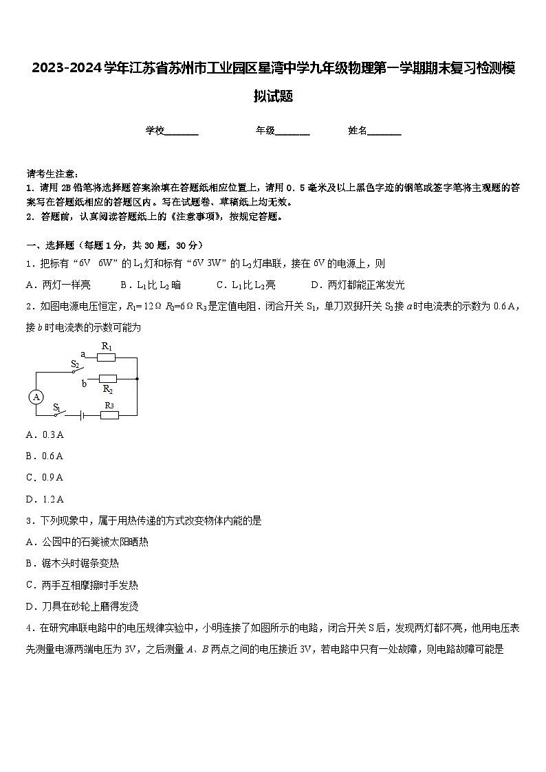 2023-2024学年江苏省苏州市工业园区星湾中学九年级物理第一学期期末复习检测模拟试题含答案01