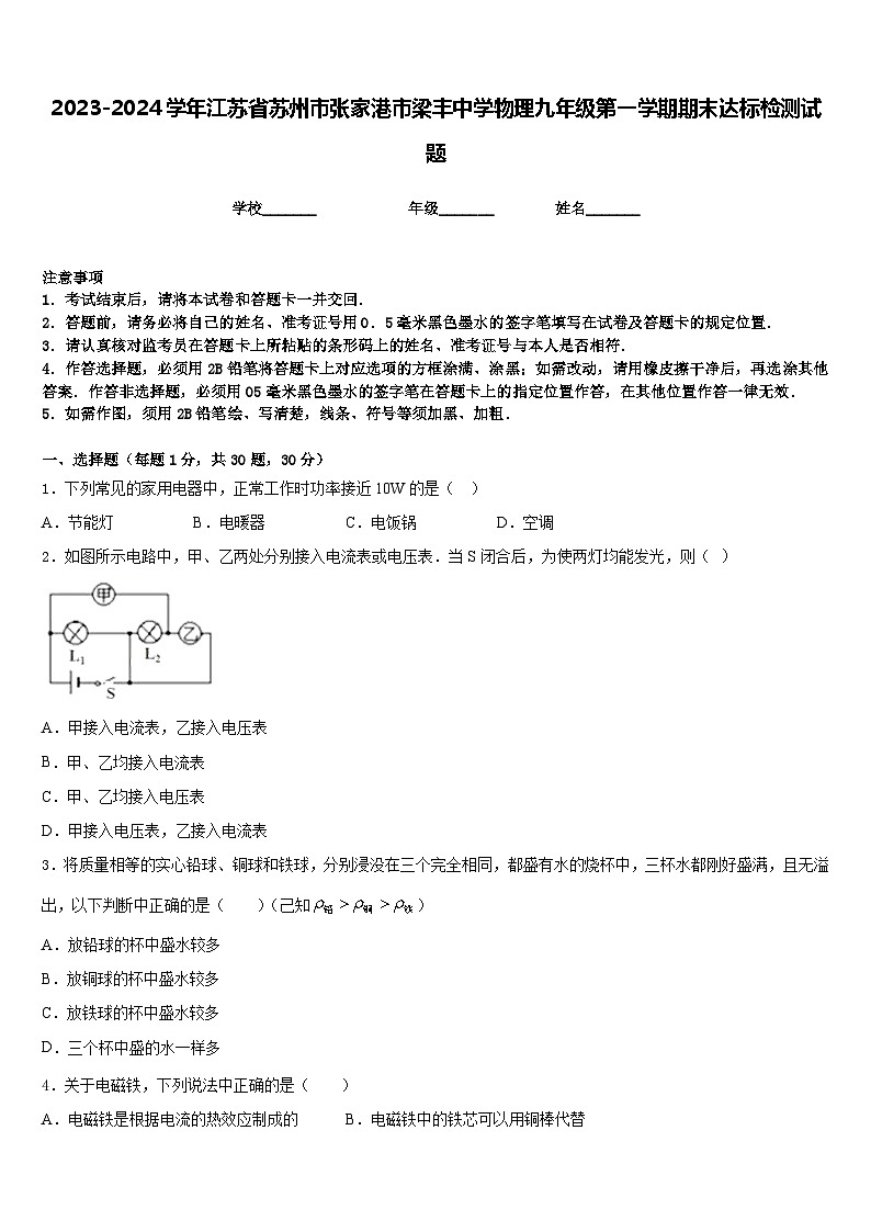 2023-2024学年江苏省苏州市张家港市梁丰中学物理九年级第一学期期末达标检测试题含答案01
