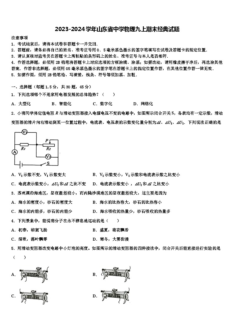 2023-2024学年山东省中学物理九上期末经典试题第1页