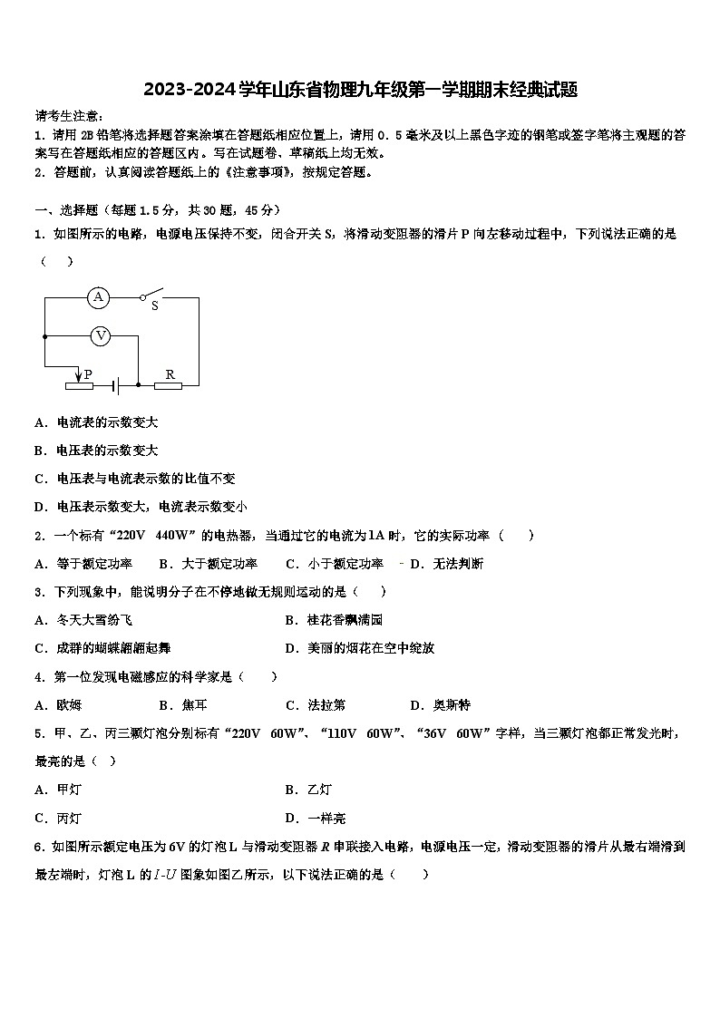 2023-2024学年山东省物理九年级第一学期期末经典试题01
