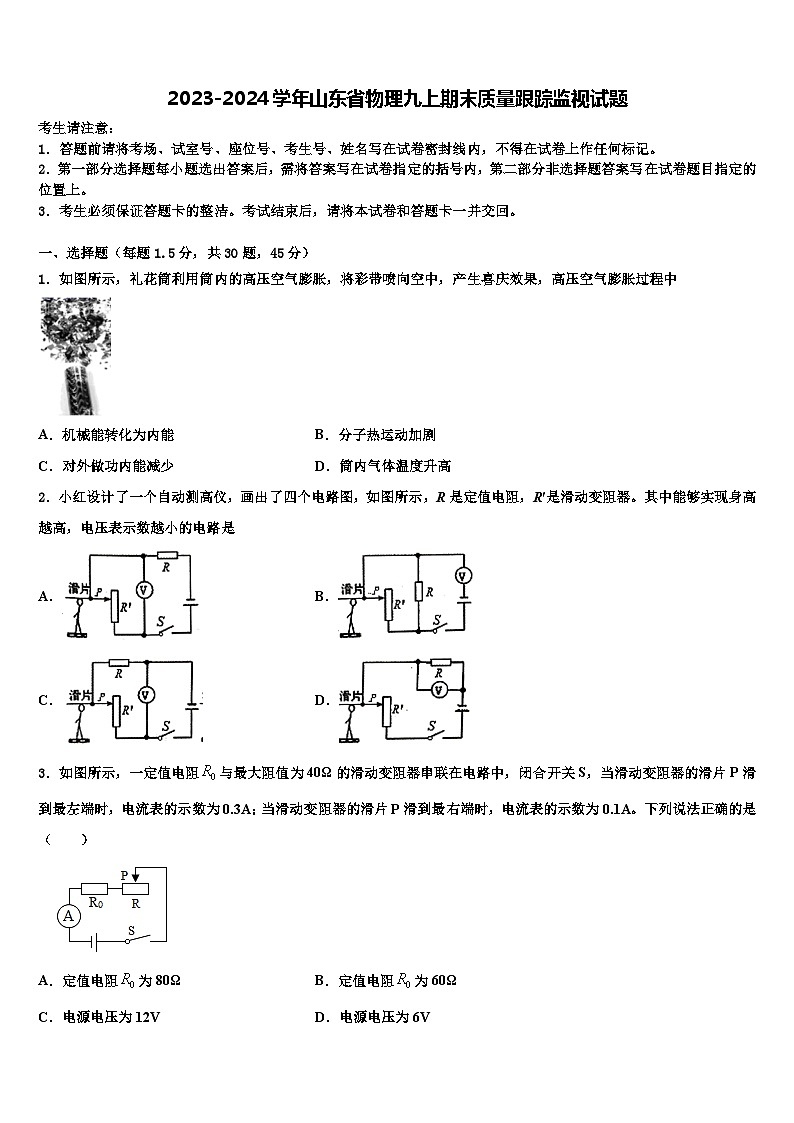 2023-2024学年山东省物理九上期末质量跟踪监视试题01