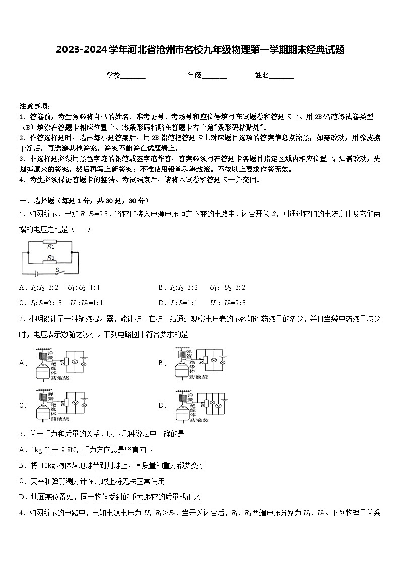 2023-2024学年河北省沧州市名校九年级物理第一学期期末经典试题含答案01