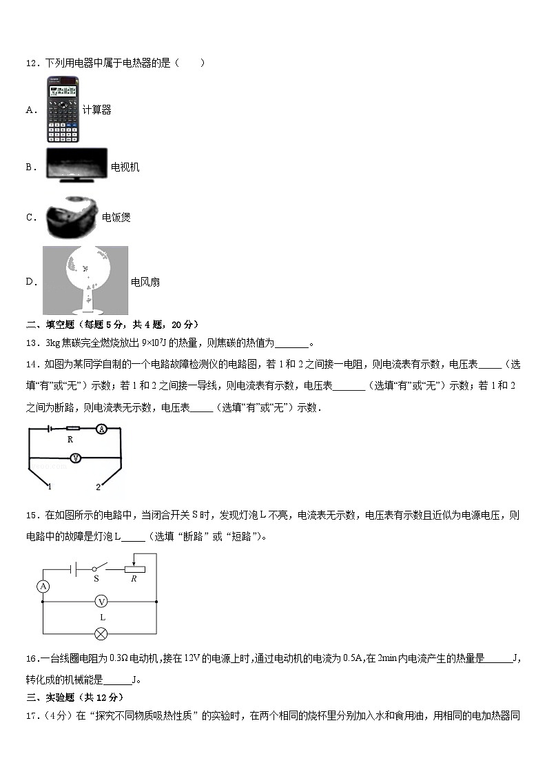 2023-2024学年河北省廊坊市霸州市部分学校九年级物理第一学期期末质量跟踪监视试题含答案03