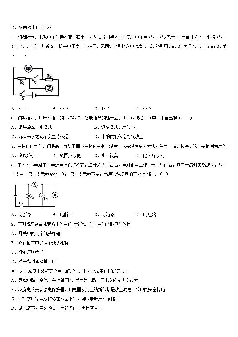 2023-2024学年河北省唐市山乐亭县物理九上期末质量检测试题含答案02