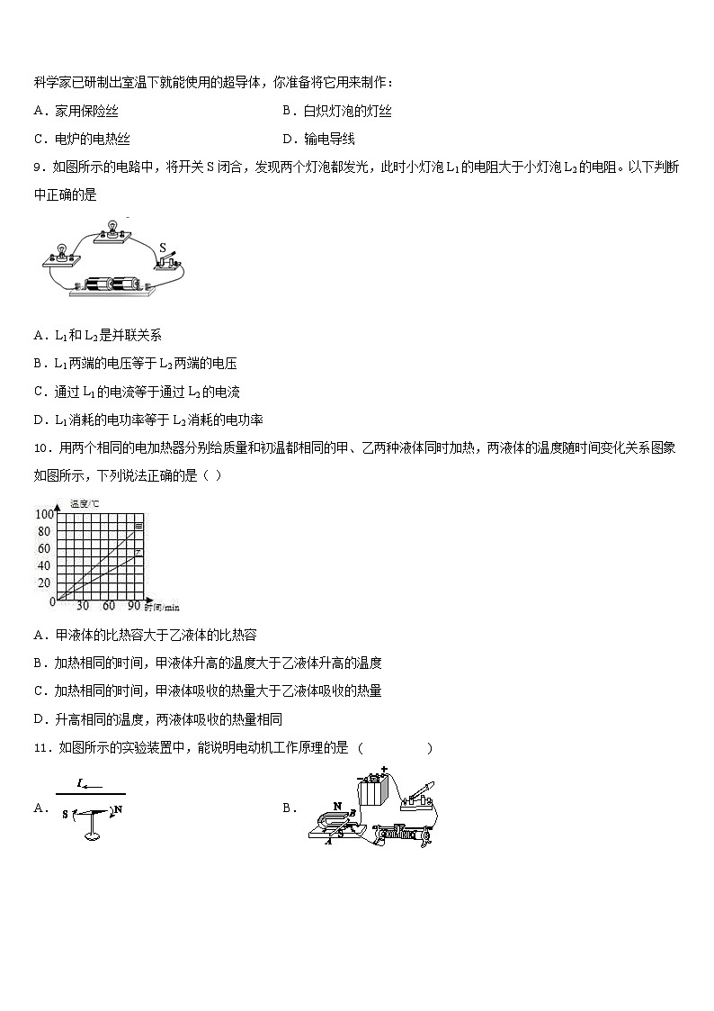 2023-2024学年河北省隆尧县北楼中学等物理九年级第一学期期末学业水平测试试题含答案03