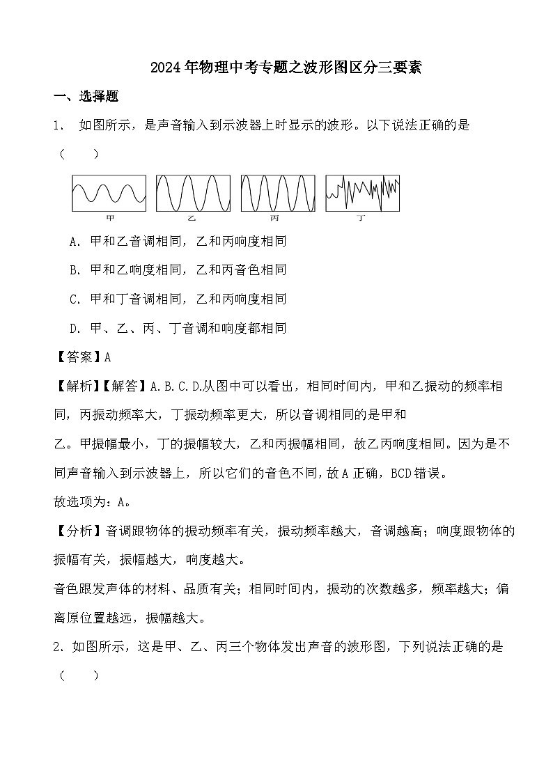 2024年物理中考专题之波形图区分三要素 (解析)第1页