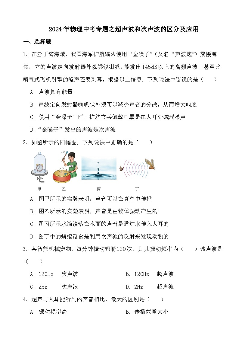 2024年物理中考专题之超声波和次声波的区分及应用第1页