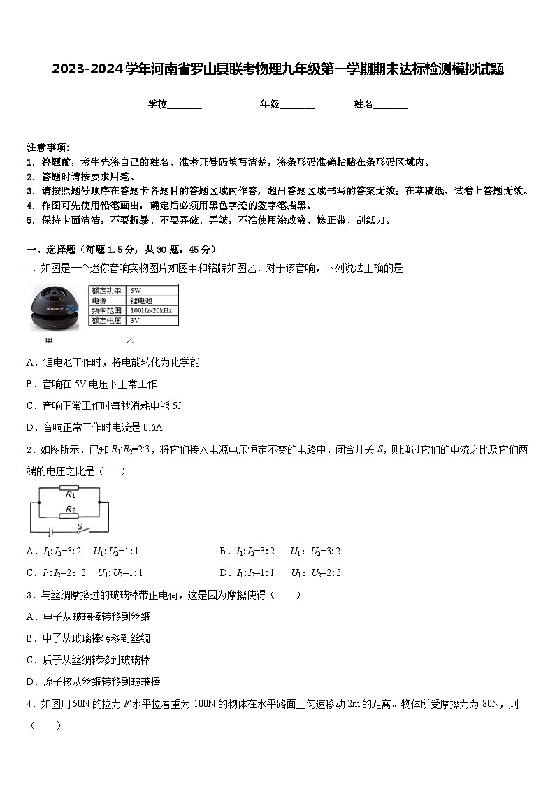 2023-2024学年河南省罗山县联考物理九年级第一学期期末达标检测模拟试题含答案第1页